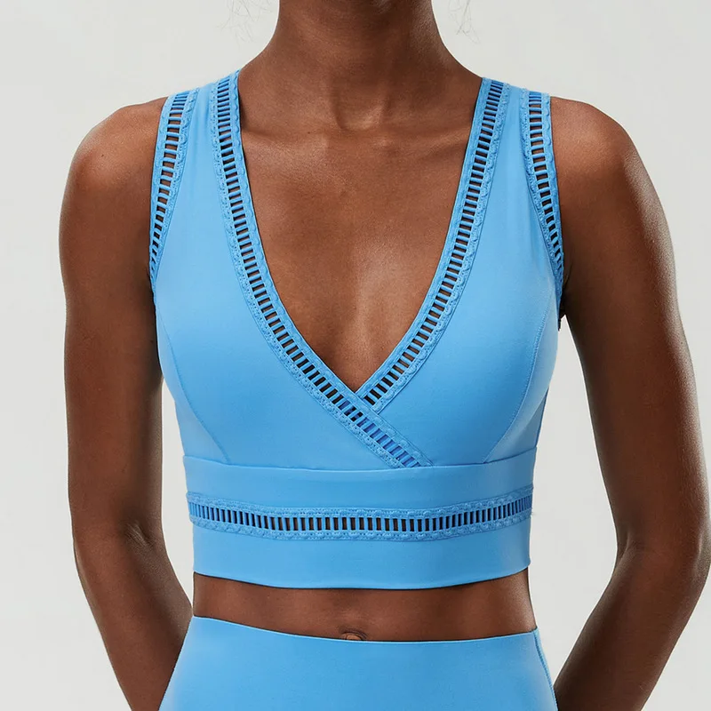 High Elastic Hollow Trim V Neck Sports Bra Women Plus Size Beauty BackYoga Tank Top Athletic Vest For Pilates Running Training 6