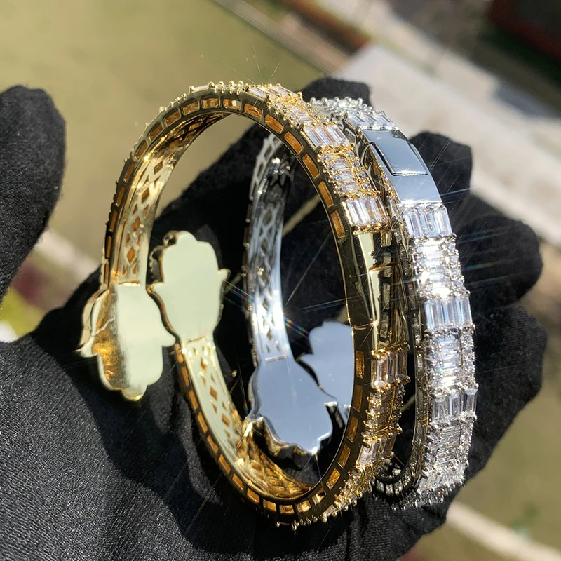 Hip Hop 3A+ CZ Stone Paved Bling Ice Out Fatima Hands Open Cuff Bangle Bracelets for Men Women Rapper Jewelry Gold Silver Color