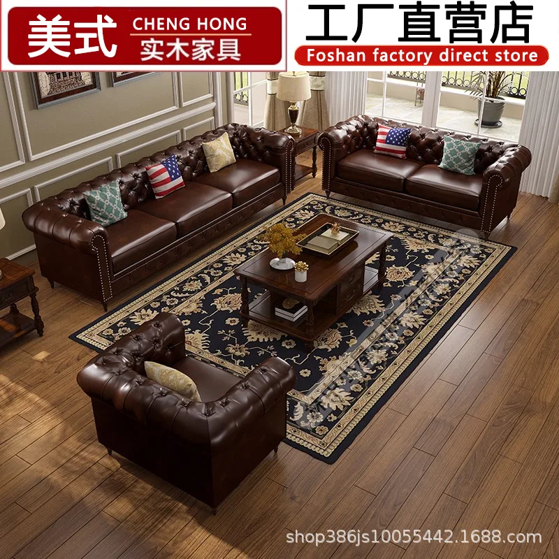 SA-20 American Oil Wax Leather Sofa Leather Living Room Straight Row Three or Four People Brown Sofa Retro Villa Furniture