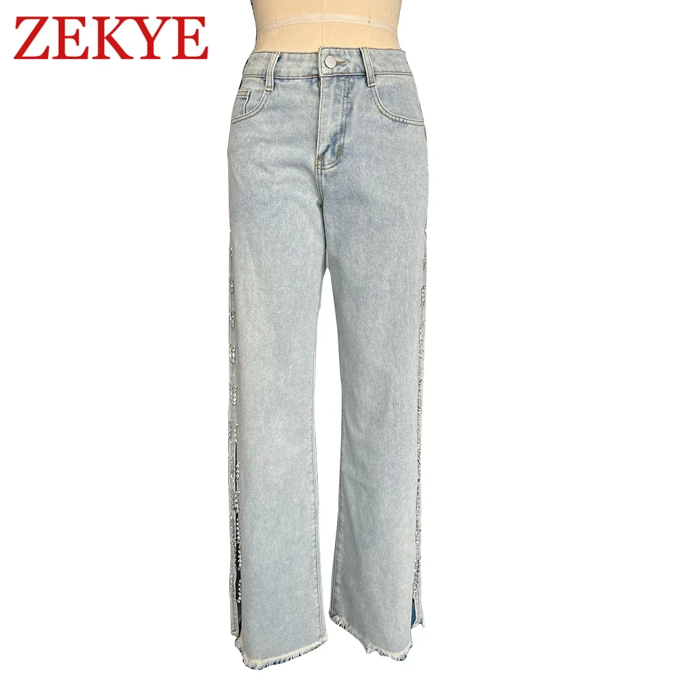 Zekye High-Waisted Wide-Leg Jeans Women's Streetwear Ripped Distressed Hip Hop Punk Baggy Cargo Pants Hollow out Chain 2024