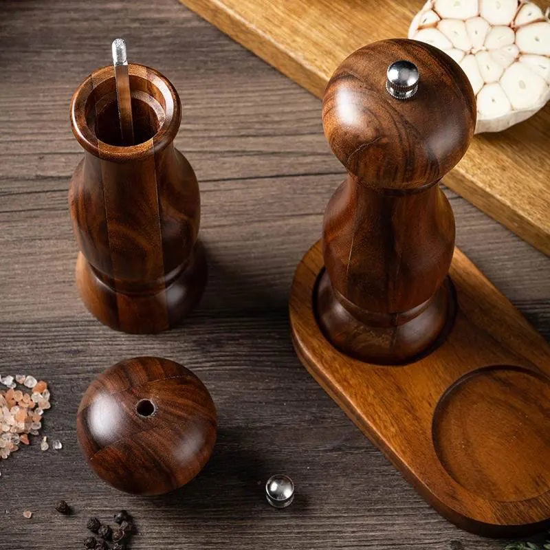 7-inch Manual Solid Wood Pepper Grinder Sets,With Base,Small Leaved Acacia Pepper Grinder,Kitchen Spices Seasoning Grinding Tool