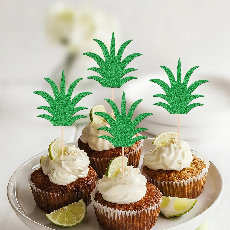 YOMDID 24Pcs Glitter Pineapple Leaf Cake Picks Leaves Cupcake Toppers Decorations for Summer Luau Hawaiian Party Supplies