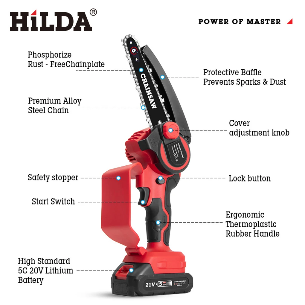 HiLDA Rechargeable Cordless Mini Electric Chain Saw Woodworking Saw High Power Electric Saw Garden Logging Saw Chain Saw