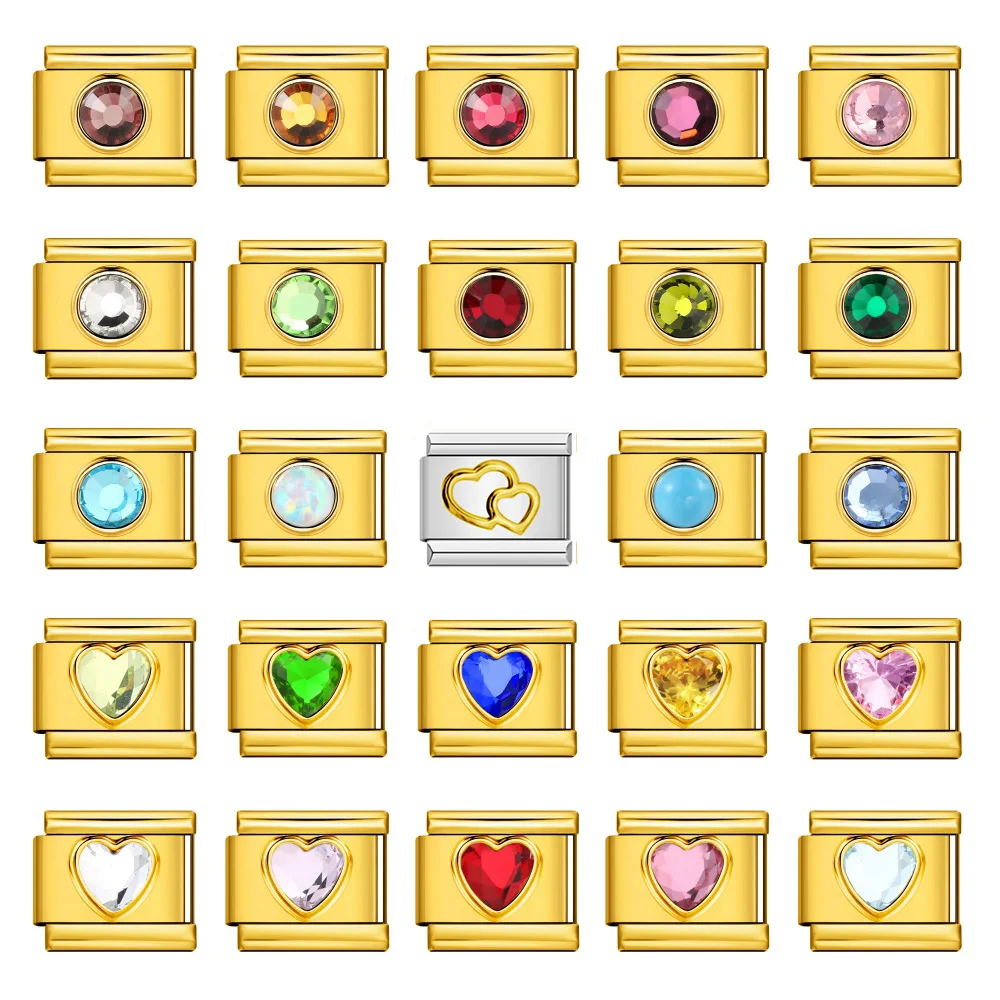 Gold Color Colorful Round Heart Italian Charm Link for 9mm Bracelet Stainless Steel DIY Making Beads Jewelry Women Men Gifts