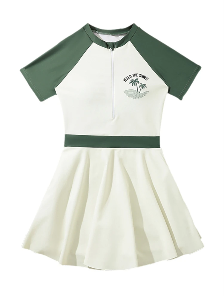 Kids Swimsuit Girls 2026 New Solid Short Sleeves Long Dress zipper Children Swimwear Summer Beachwear Bathing Suit Swimming Girl
