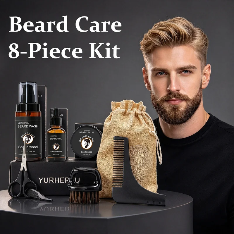 Beard Care Kit – Beard Shampoo, Beard Oil, Beard Balm, Scissors, Brush, Comb and Gift Bag, Daily Beard Grooming Set