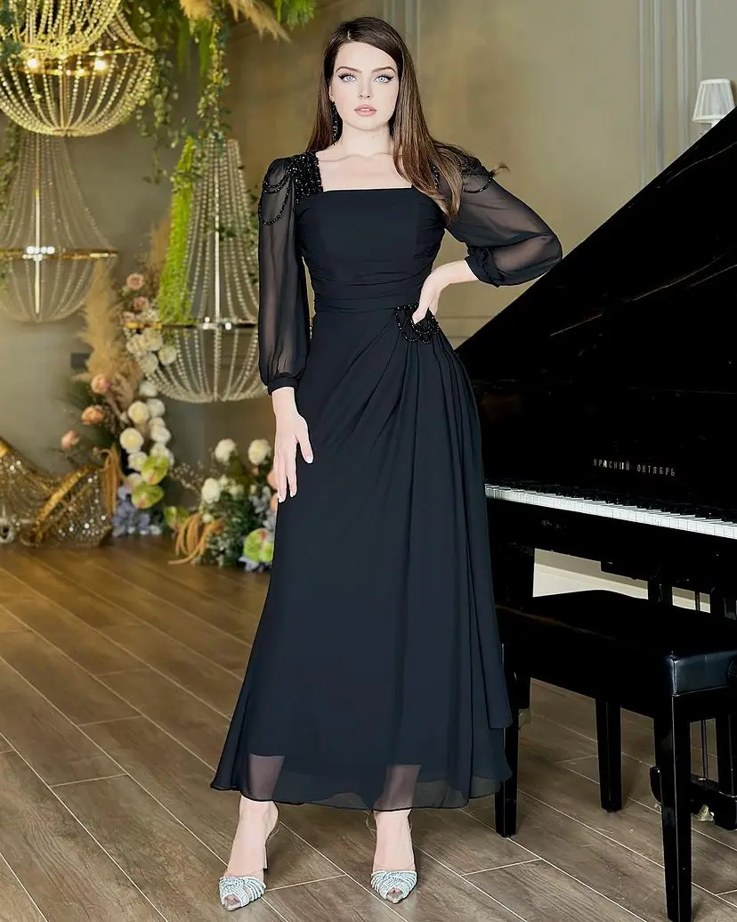 Vintage Long Sleeves Square Neck Prom Dresses Beadings Pleated Chiffon Sequins Ankle Length Party Dresses