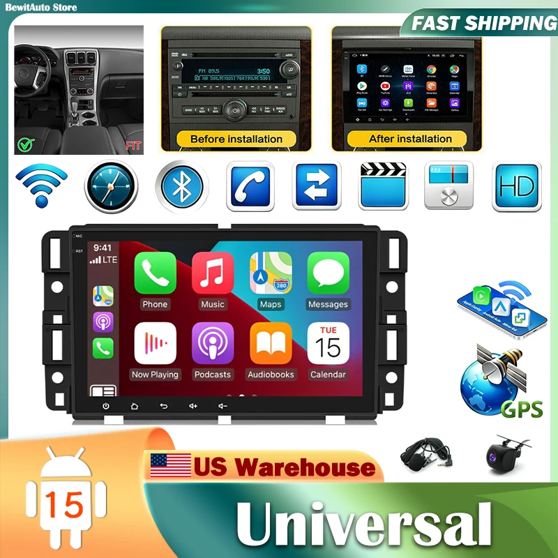 2+32G Android 15 Car Stereo for Chevrolet Silverado 2007-2018 GMT900/K2XX, for Chevrolet Tahoe 2007-2014 GMT900 with Wireless Carplay Android Auto, 8in IPS Touchscreen Car Screen Radio Player with GPS WiFi Bluetooth SWC Mirror Link Split Screen