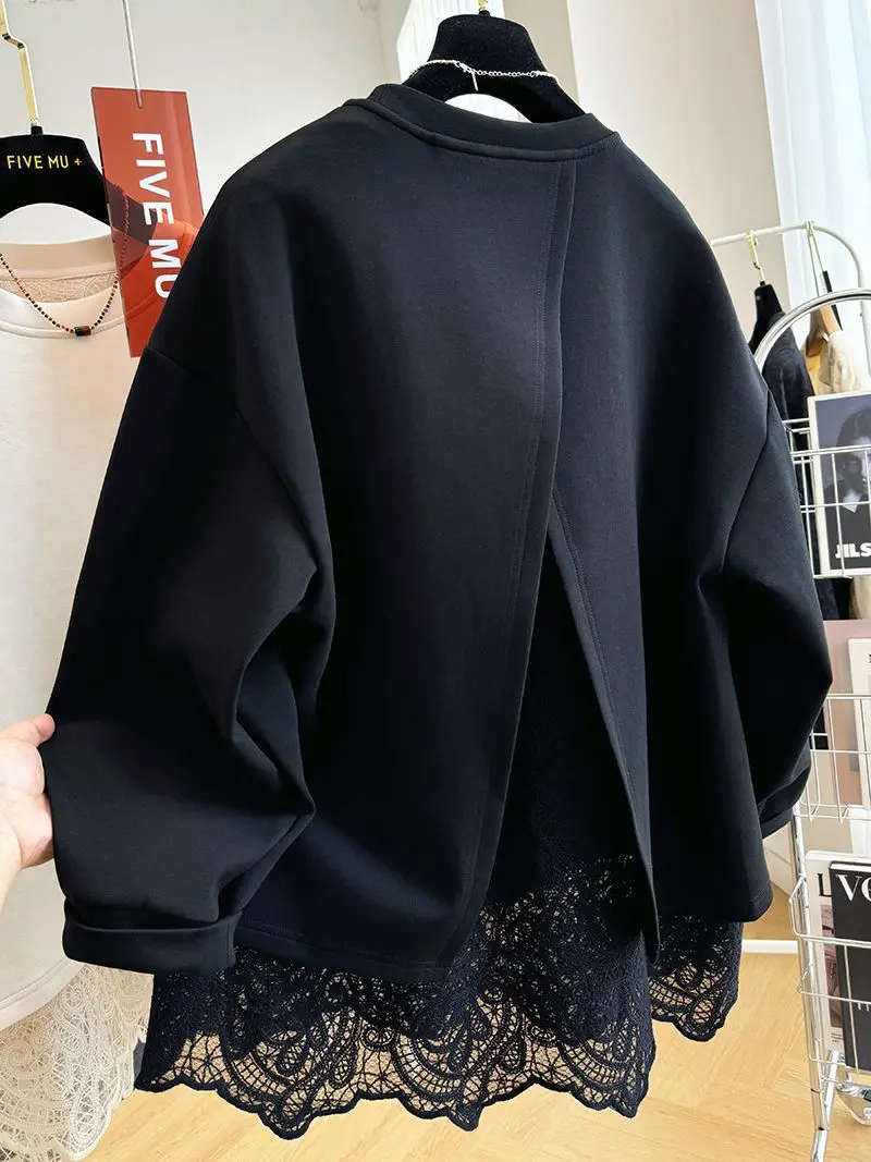 New Style Lace Splicing Fake Two-piece Pullover O Neck Sweatshirt For Women Spring Autumn Loose Top Fashion Casual Solid Hoodie