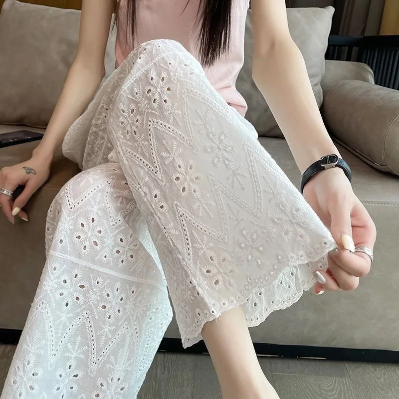 

Summer Women Stretchy High Waisted Hollow Out Embroidery White Wide Leg Ankle Length Pants , Woman Casual Trousers