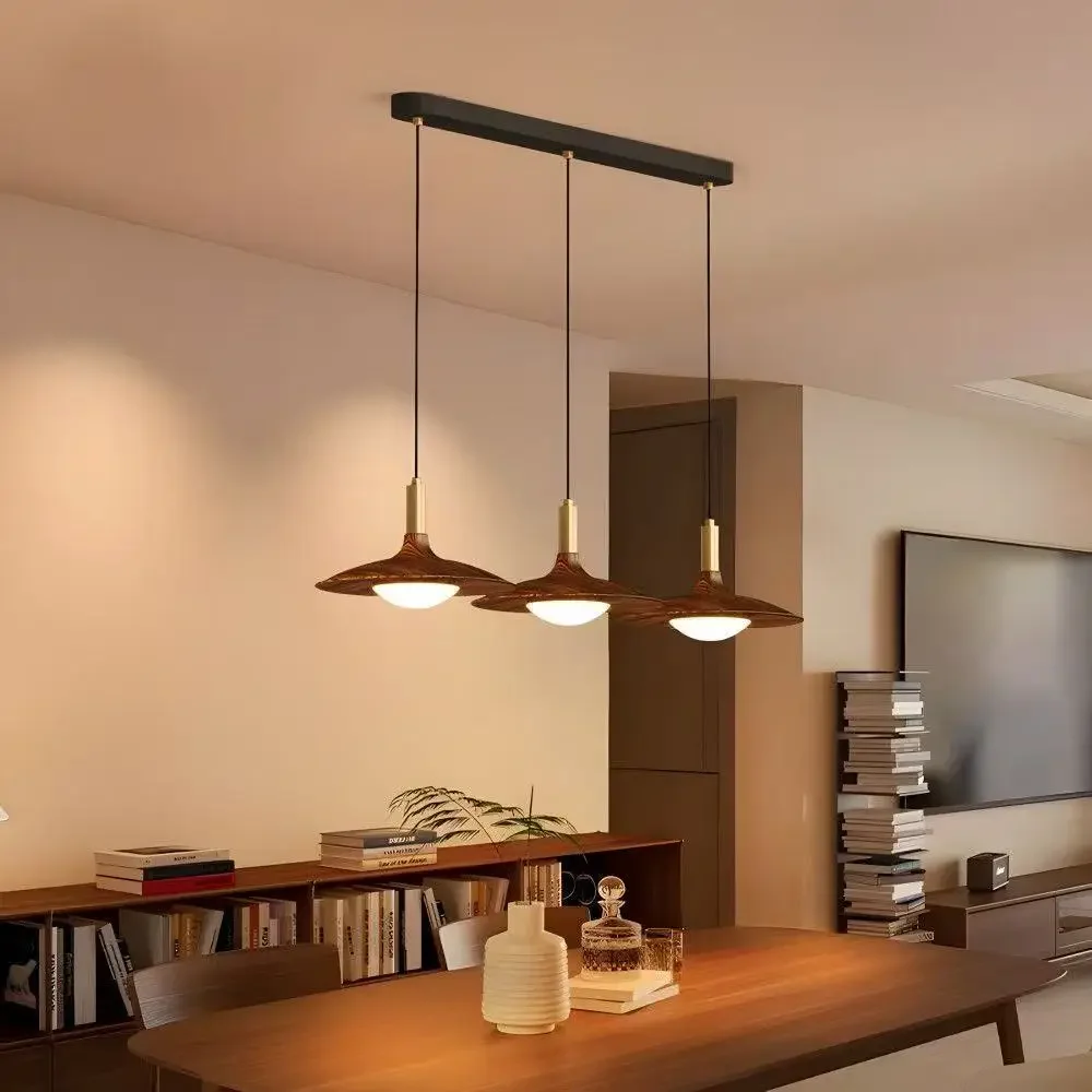 Restaurant Chandelier 2026 New High-End Walnut Grain Bar Modern Simple Three-Headed Dining Room Dining Room Lamp