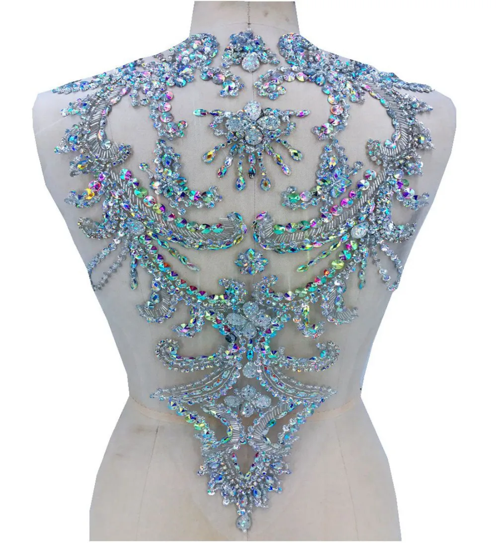 手縫いラインストーンアップリケスパンコールラウンドネック襟生地装飾イブニングドレスコスチュームフロントとバックアクセサリー