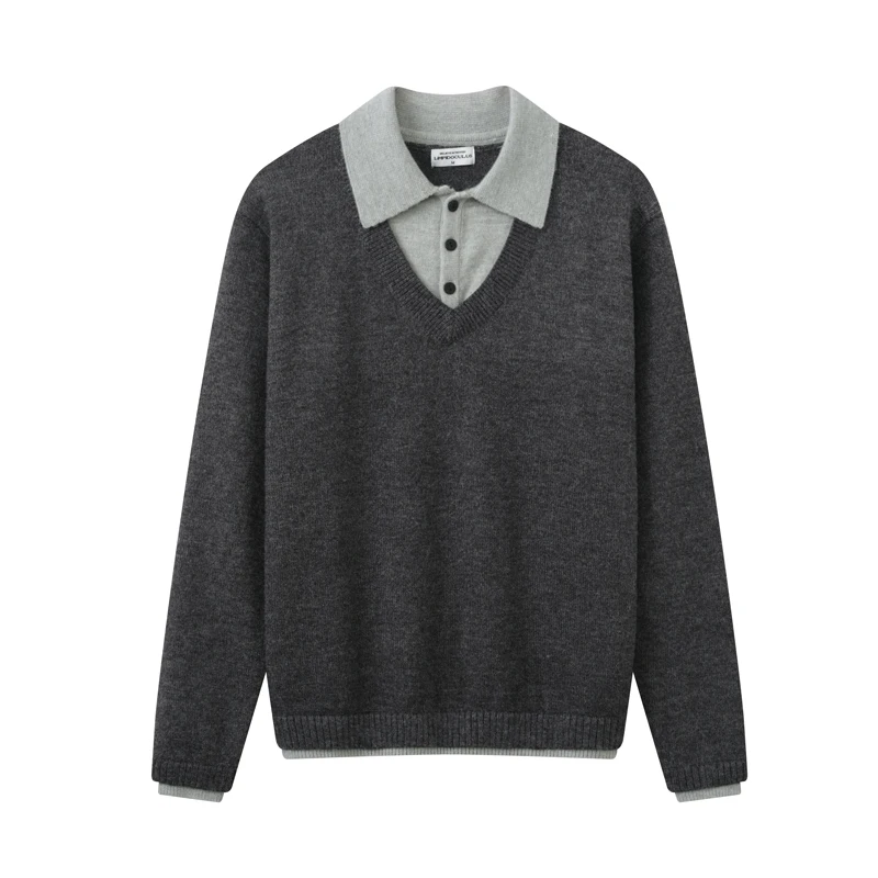 Men's 2025 Autumn New Faux Two-Piece Lapel Button Contrast Color Knitted Pullover Sweaters Male Handsome Long Sleeve Pullovers