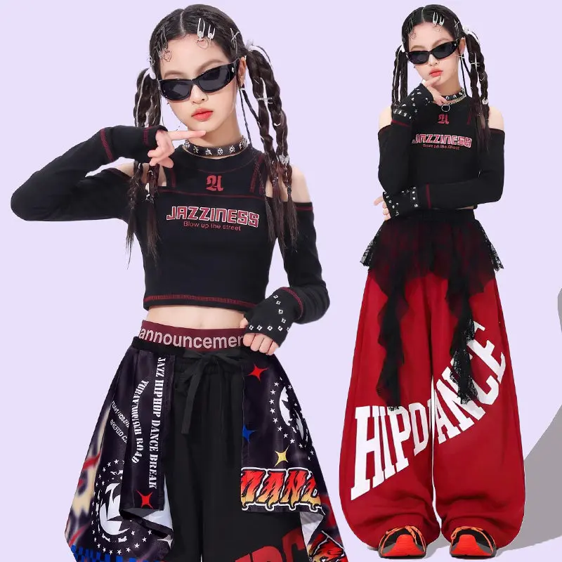 Jazz Dance Costume Girls Kpop Stage Outfit Red Black Dance Performance Clothes Crop Top Baggy Pants Street Dance Clothing 4198