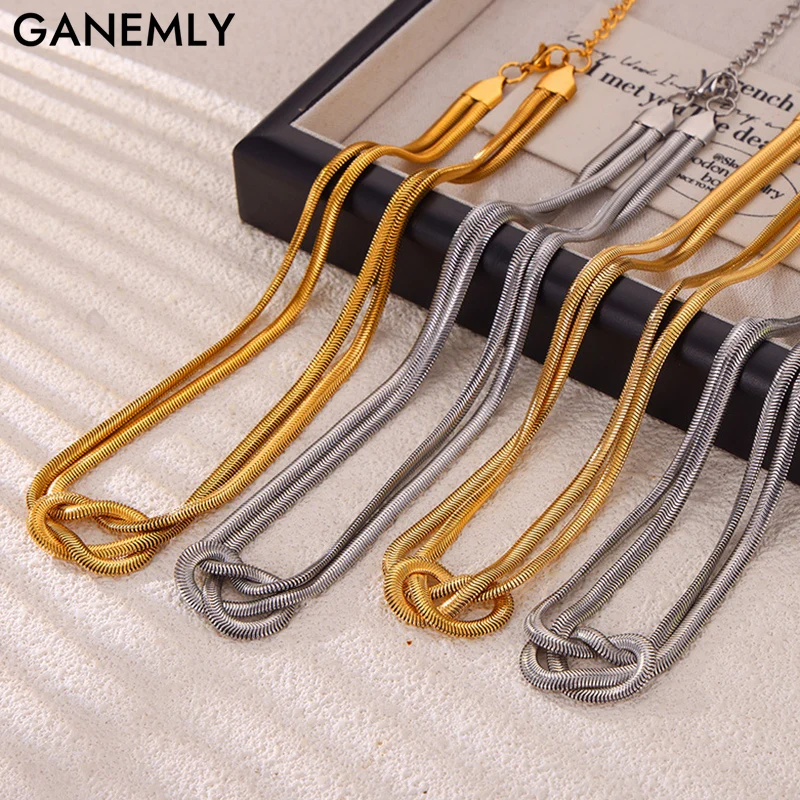 GANEMLY Set perhiasan wanita, Kalung Gelang rantai multilapis baja tahan karat untuk wanita, Set perhiasan rantai tulang ular trendi tahan air