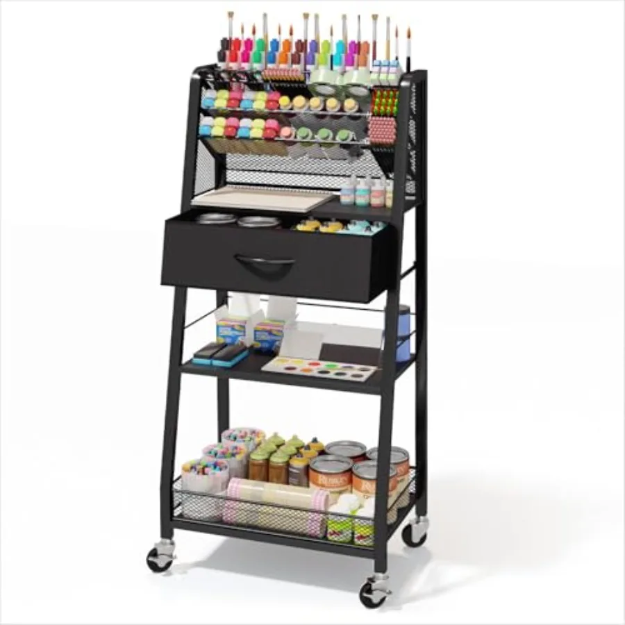 

3 Tier Rolling Cart - Black Metal Utility Cart with Storage Drawer and Wheels for Art Craft Organization in Home Office or Stud