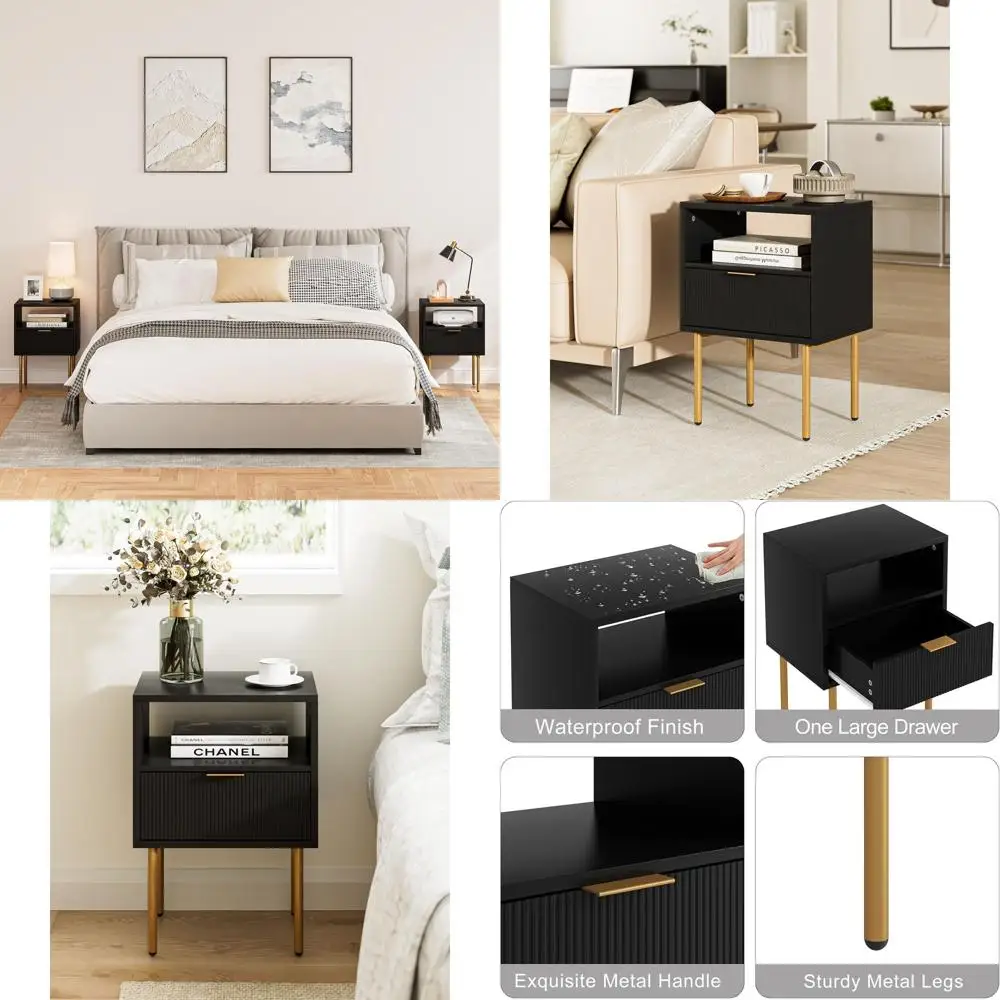 

Современная прикроватная тумбочка с золотистой рамой, выдвижным ящиком и полкой, элегантный черный приставной столик для спальни и гостиной