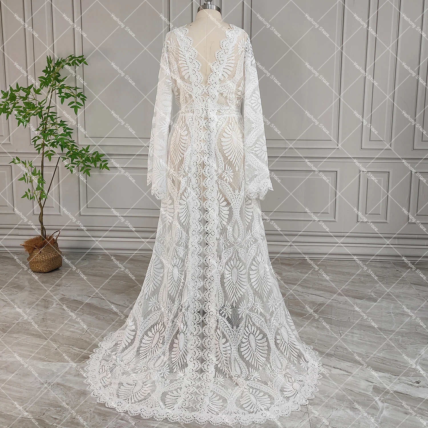 Long Bell Sleeves Lace Maternity Photoshoot Robe Custom Made Open Front V Neck Scalloped Hem Fabric Flowy Boho Wedding Dress