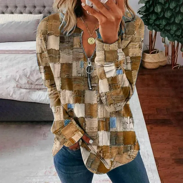 2024 Cross Border Round Neck Irregular Graphic Women's Cross-Border Long Sleeved Autumn Fashion Zippered Top Polo ShirtWF4