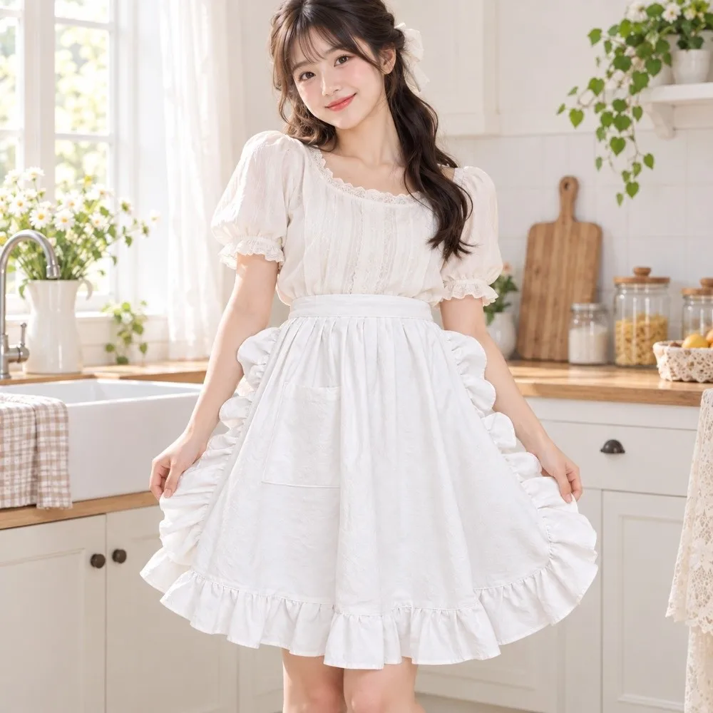 Fashion White Half Body Apron Cotton Material Ruffle Edge Work Apron with Pocket Anti Fouling Short Apron For Kitchen