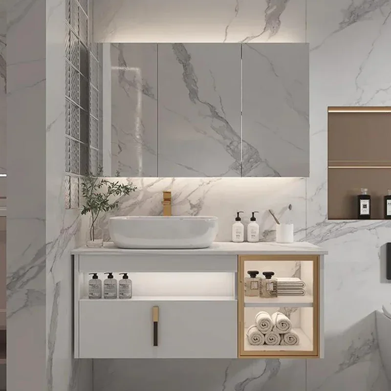 Nordic Display Bathroom Cabinet With Slate Ceramics Sink Combination Solid Wood Intelligent Simple Gabinete Salon Furniture