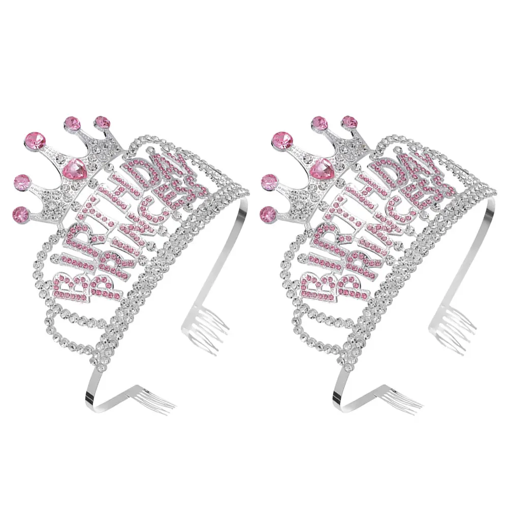 

2pcs Girls Headdress Hair Decorations Birthday Tiara Happy Headb Crown Rhinestones Princess Lightweight Comfortable Durable
