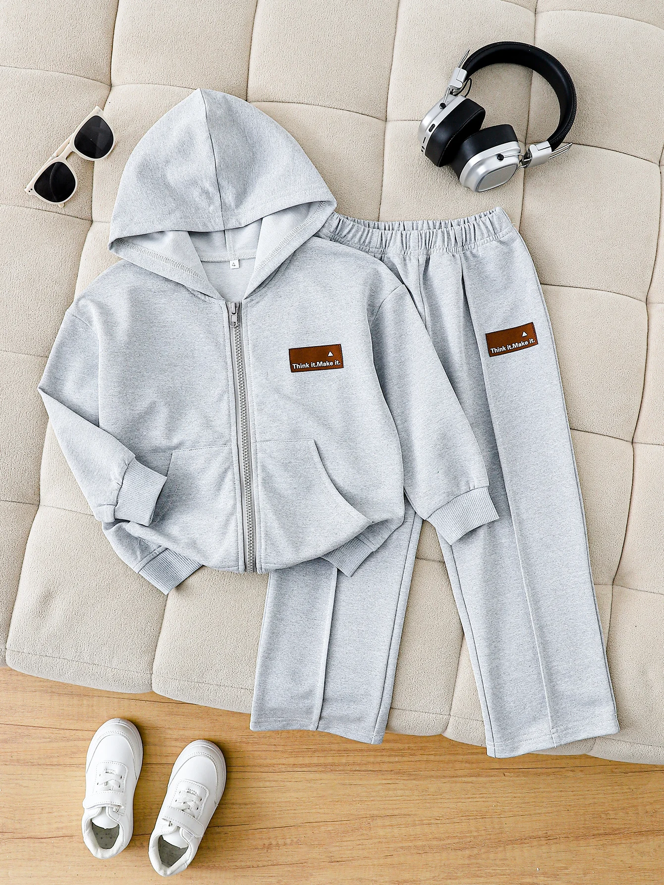 2PCS Girls Hooded Short Open-Chest Long Sleeve Sweatshirt Jacket And Pants Set