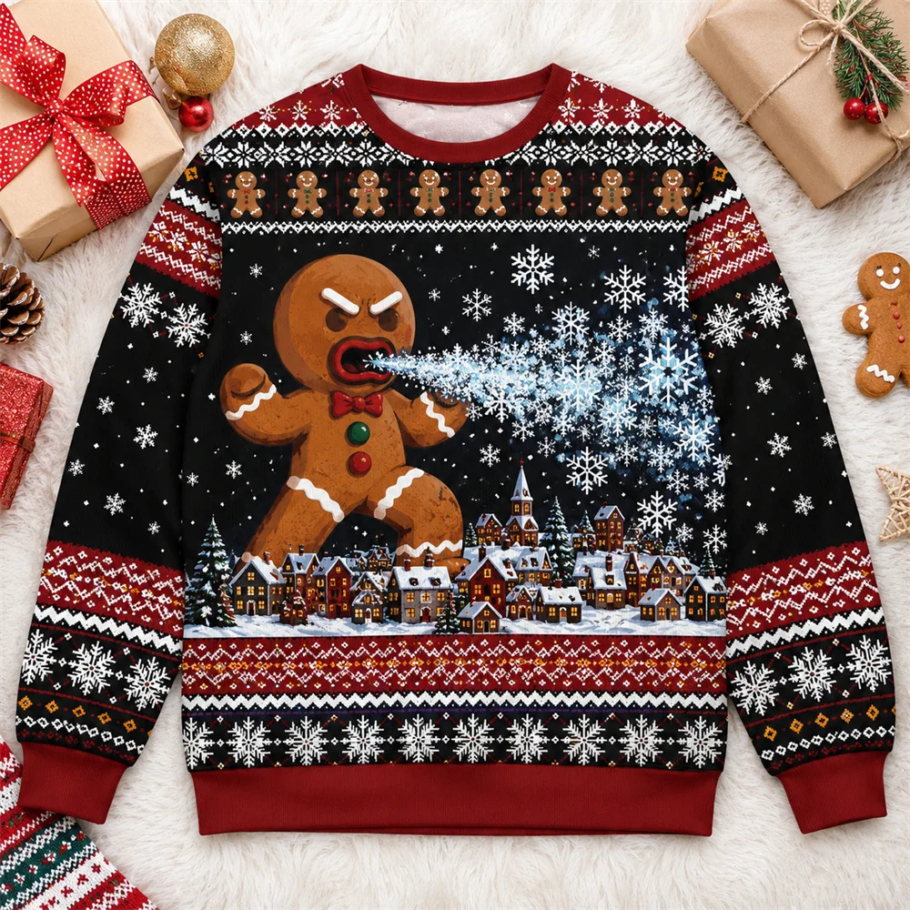 Humorvoller 3D-Druck Lebkuchenmann Weihnachts-Pulli für Männer und Frauen, Weihnachtsgeschenke für Backbegeisterte, Pullover-Sweatshirt – Detail 2