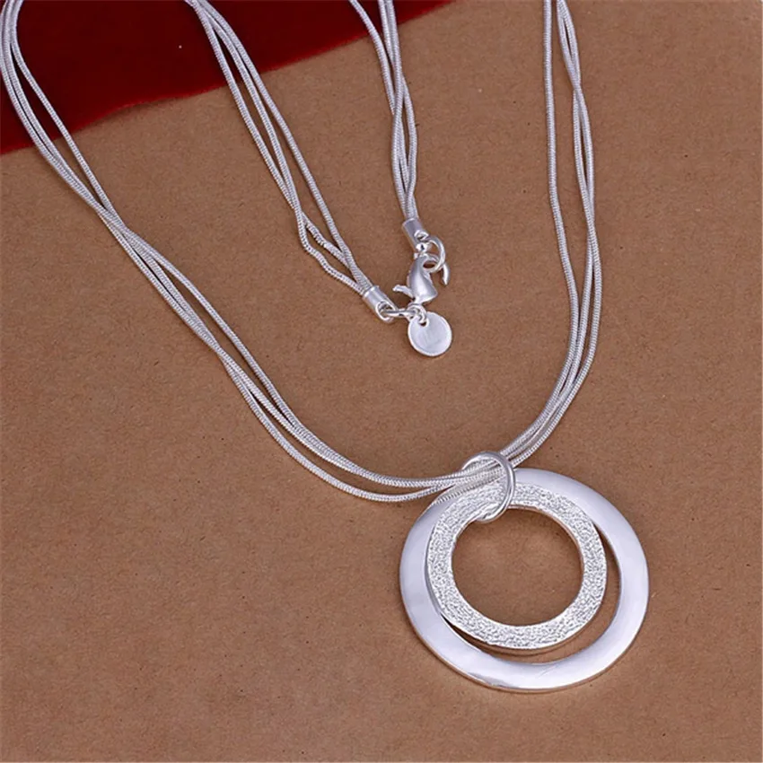 

Wholesale High Quality Retro Women Lady Three Chain Smooth Pendant Charms Circle 925 Sterling Silver Necklace Fashion Jewelry