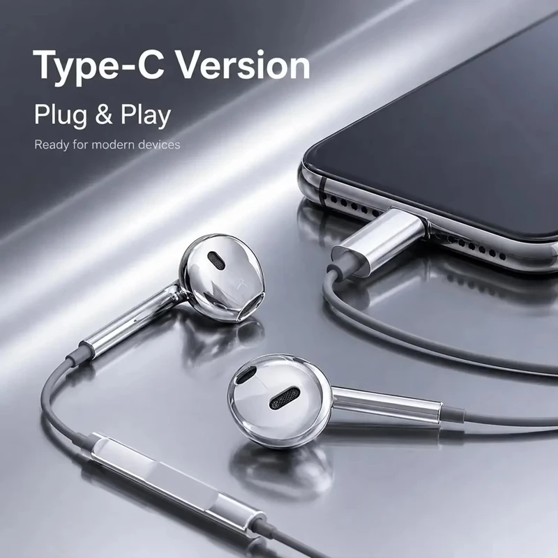 Silver Metal Plated Wired Earphones With Bright Surface Suitable For Apple Type-C Interface In Ear Wired Control Earphones