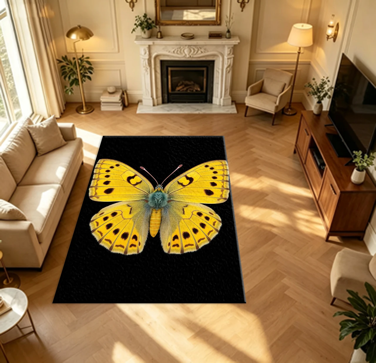 Vivid Yellow Butterfly Specimen Art Carpet Flooring Symmetrical Insect Print Household Living Bedroom Area Rug Indoor Floor Cover