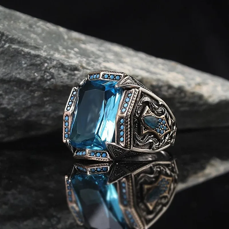 Retro Handmade Turkish Signet Ring for Men Women Ancient Silver Color Carved Ring Inlaid Sky Blue Zircon Punk Motor Biker Ring