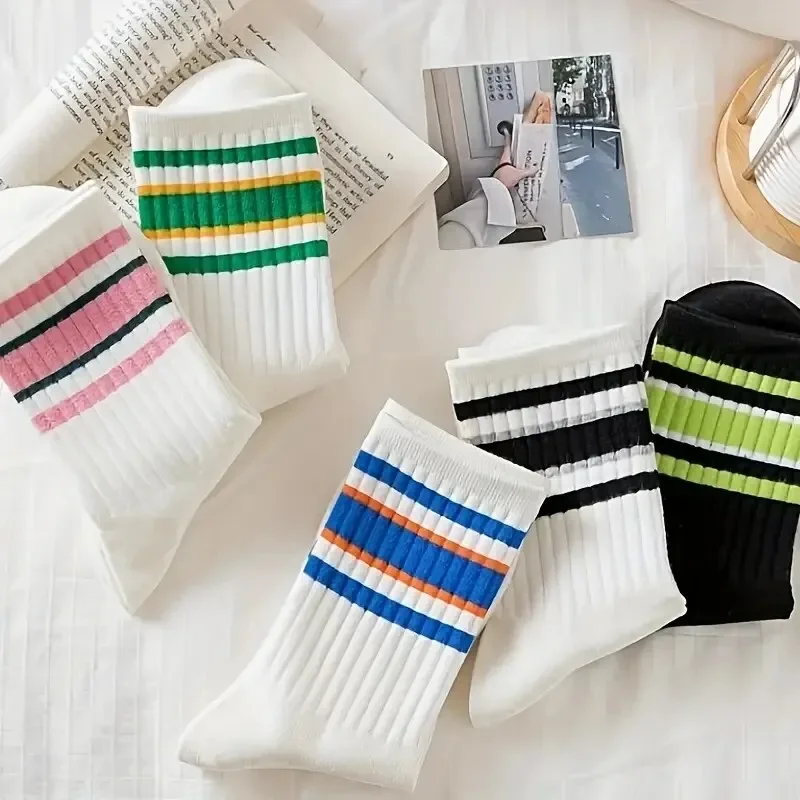 5 Pairs Women\'s Socks Cute Harajuku Warm Sock Simple Colorful Striped Short Socks Fashion Spring Autumn Women\'s Mid Length Socks