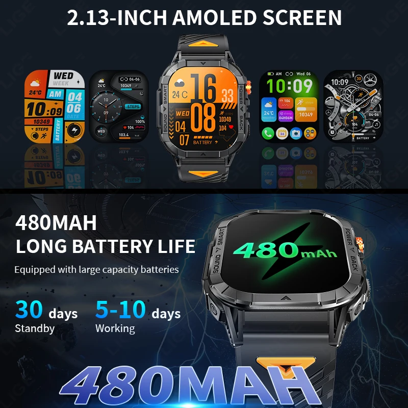 LIGE Military Smart Watch Men 2.13inch AMOLED Screen 480mAh Battery LED Flashlight Heart Rate Bluetooth Call Smartwatch Outdoor