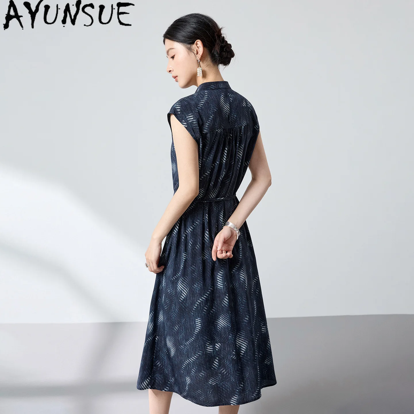 AYUNSUE 16MM 100% Mulberry Silk Party Dress Women Elegant Womens Dresses Fashion Summer Dress Lace-up Print 2026 Платье Женское