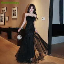 BeitifuBaby Retro Women's Evening Dresses Light Luxury Vestidos Elegantes Strapless Feather Neck Mermaid Lace Skirt Banquet Gown