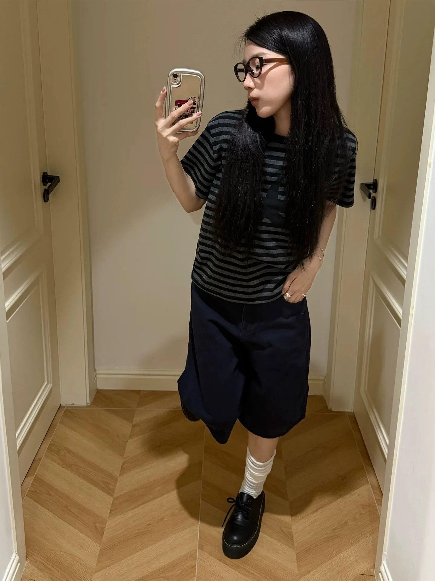 Retro American Plaid Pocket Denim Shorts Unisex Summer Washed Loose Casual Wide Leg Five-Point Trendy High Waist Zipper Fly