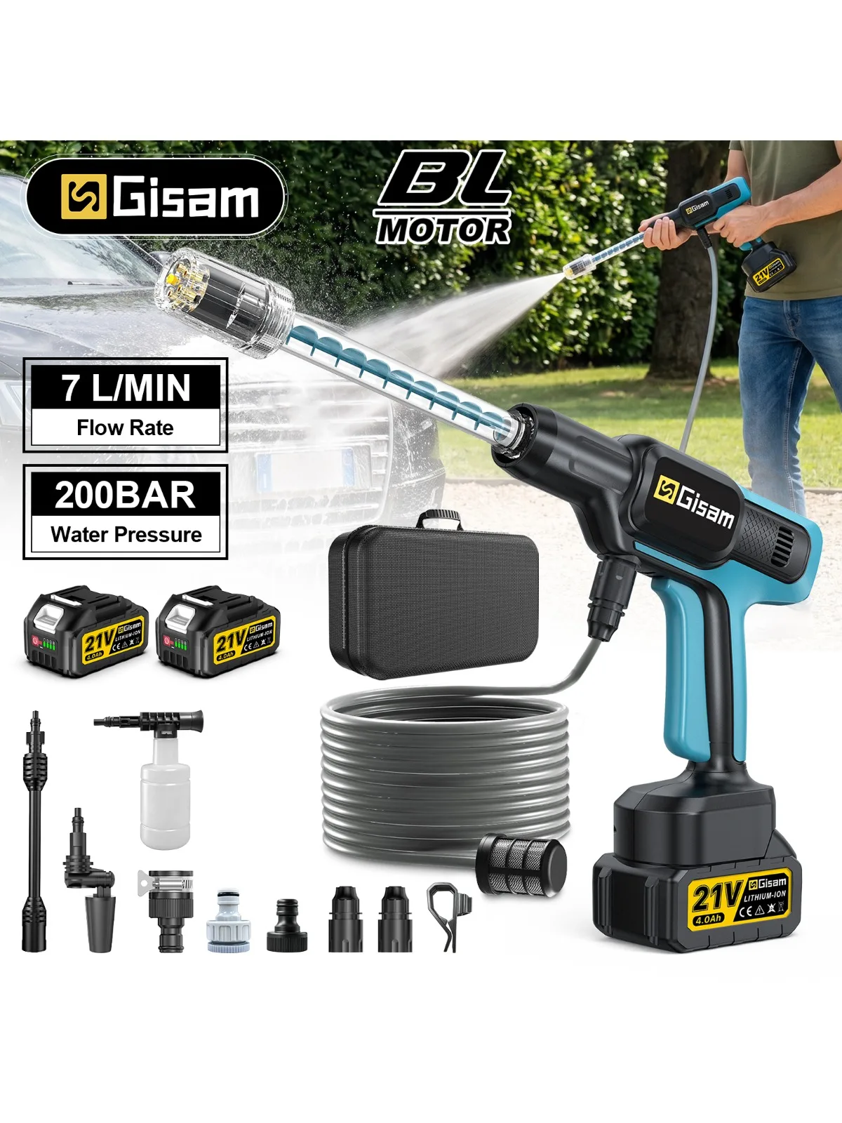 Gisam 5-in-1 220 Bar Bürstenloser Elektrischer Hochdruckreiniger Kabellose Auto-Spritzpistole Gartenbewässerung Reinigungsgerät für Makita 18V Akku