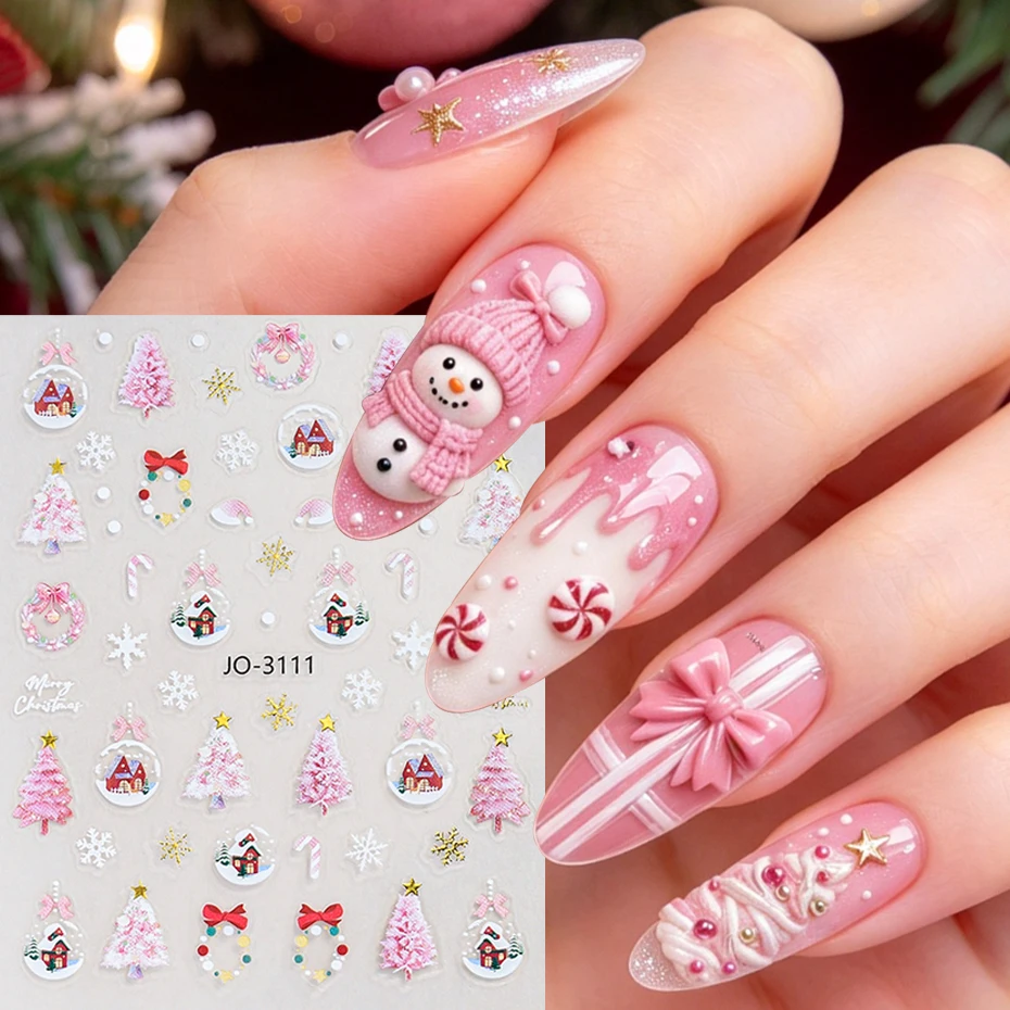 2 pcs Sweet Style Christmas Nail Stickers Kawaii Pink Christmas Trees Wreath Crystal Balls Nail Sliders Winter Xmas Nail Decor
