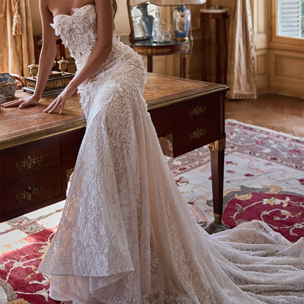 أنيقة الحبيب يزين بلا أكمام الطية حورية البحر فساتين زفاف العروس أثواب الزفاف حسب الطلب