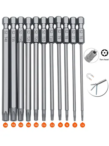 11 PCS  Torx Security Bit Set S2 Steel Magnetic Security Screwdriver Set 50/100mm Star Screwdriver Set for Shark Vacuum T6-T40