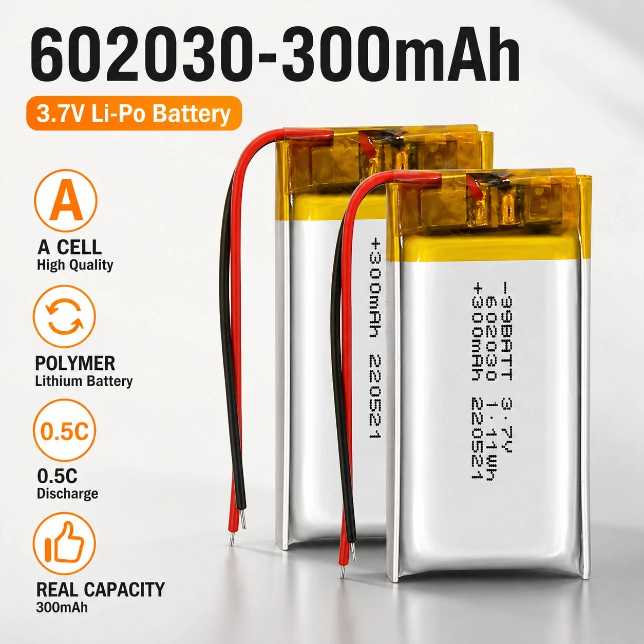 

3.7V 300mAh 602030 Lipo Battery with PH2.0 2P Plug for Bluetooth Headset Speaker TWS Charge Compartment Replacement Lithium Ion