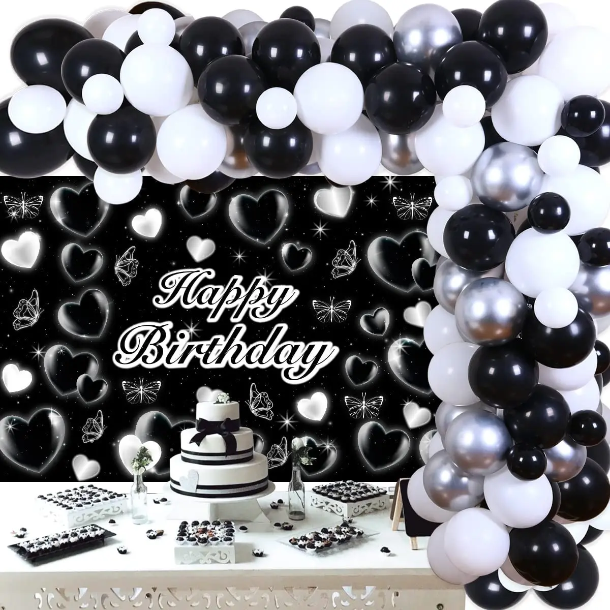 Y2K Black and White Balloon Garland Arch Unique Design Early 2000s Photography Y2K Heart Backdrop for Y2K Theme Birthday Party