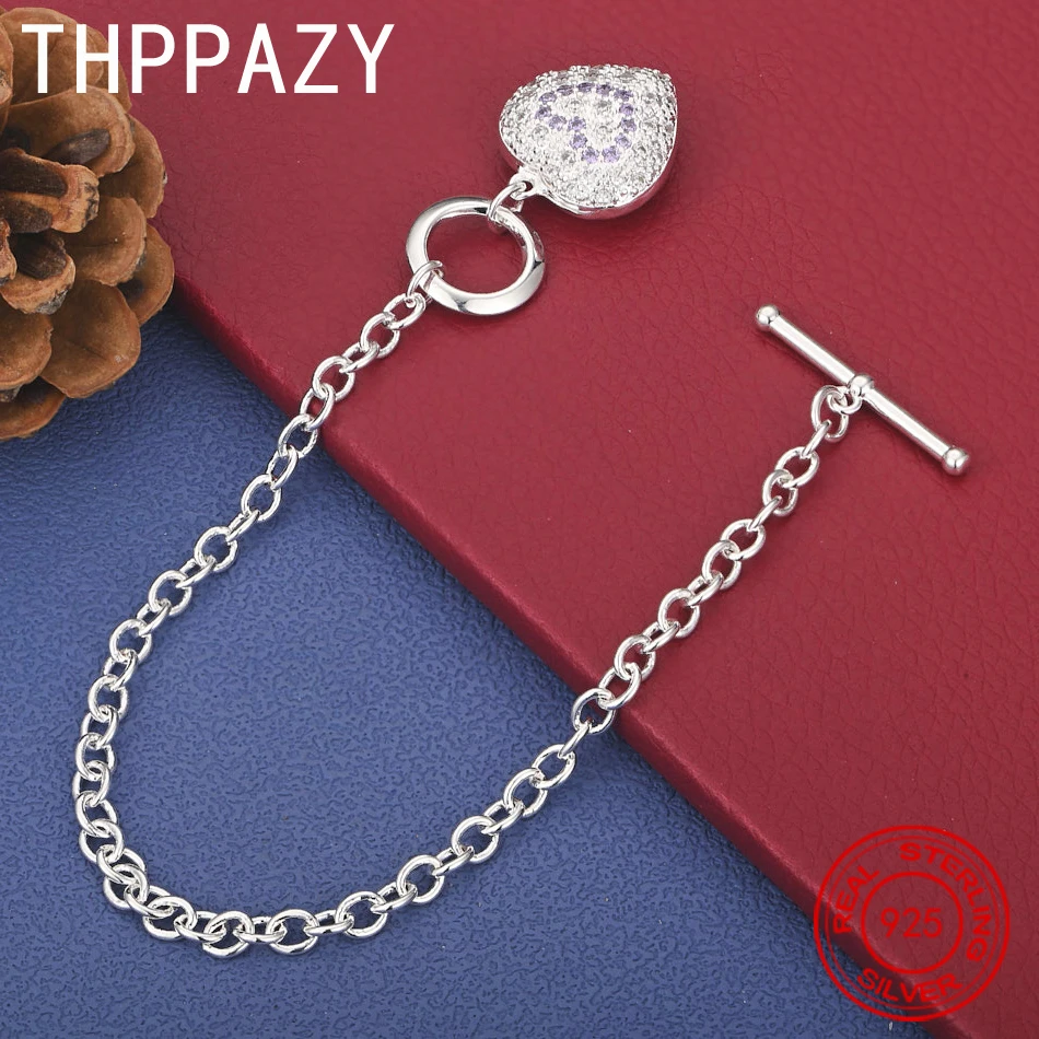 

THPPAZY 925 Sterling Silver Heart Bracelet With Purple Zirconia Women Sweet Romantic Wedding Party High-Quality Jewelry Chain