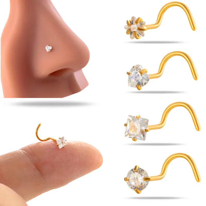 10Pc Stainless Steel Piercing Gold Nose Stud S Shape 3mm Crystal Zircon Nose Ring Screw Nostril 20G Jewelry For Women Wholesale