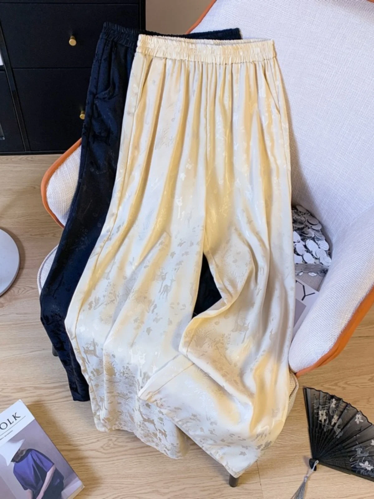 New Chinese Style National Trend Wide Leg Pants Women Early Autumn High Waist Long Pants Satin Embroidery Casual Flared Trousers