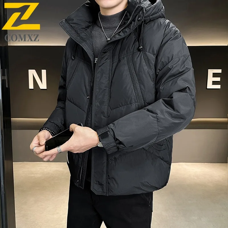 COMXZ New Men Short Hooded Down Jacket Puffer American style solid color Coat Top Waterproof Windproof outdoor sports Coat 2025