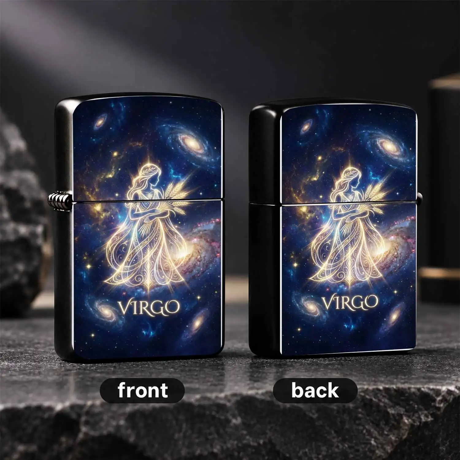 Exquisite Starry Virgo Themed Lighter, Glowing Golden Maiden With Wheat Ears Design Under Cosmic Nebula Galaxy Background, Portable Stylish Accessory For Daily Use Gatherings Gifting, Unique Aesthetic Souvenir For Enthusiasts A Humorous And