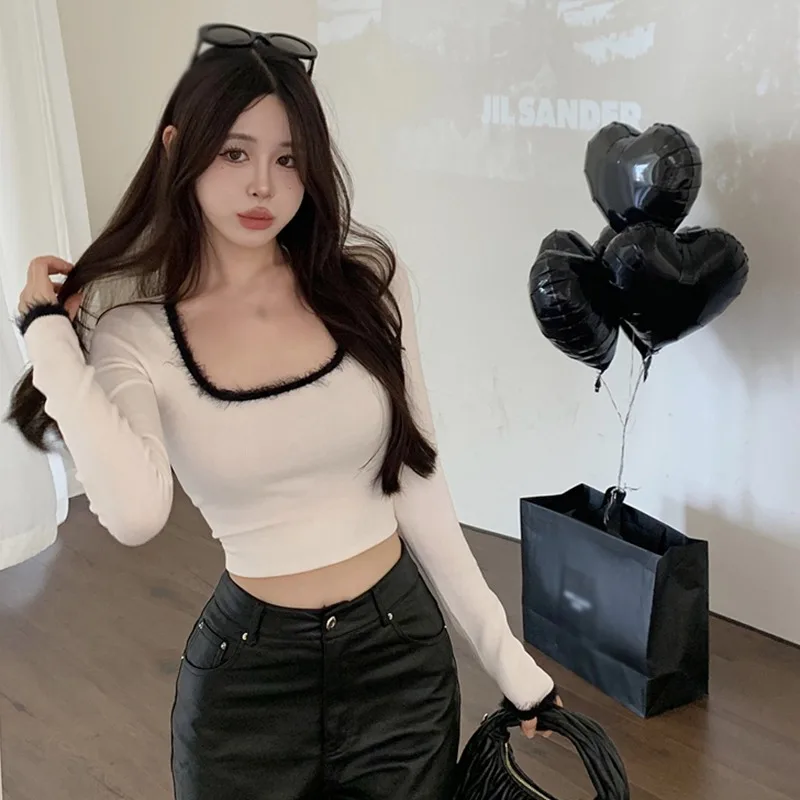 Women's Sweater Woollen Splices Color Contrast Slim Sexy Spring Woman clothes tops woman 2024