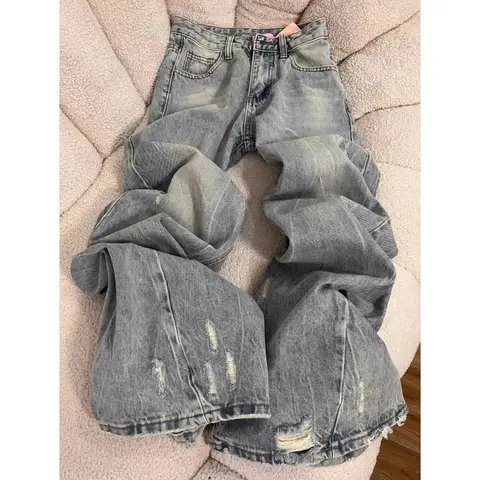 Tall Girls Extra Long Vintage American StyleDistressed Wide Leg Jeans for Ripped Straight Casual Hot Girl New Floor Length Pants